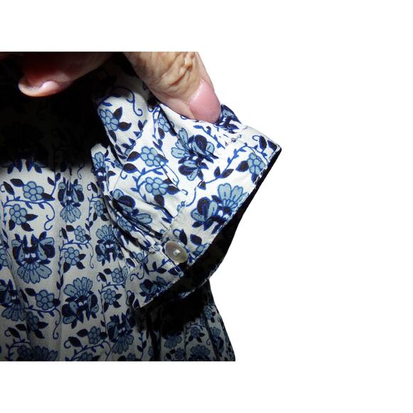 Beach Lunch Lounge silky polyester blouse blue‎ floral retro boho Fall work - Picture 3 of 5
